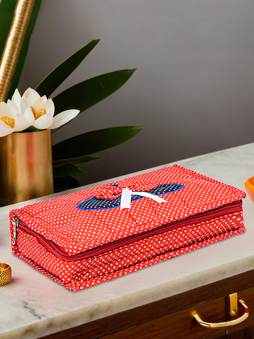 Kuber Industries Bow Dot Red Cotton Large Jewellery Pouch for Storage & 6 Compartments