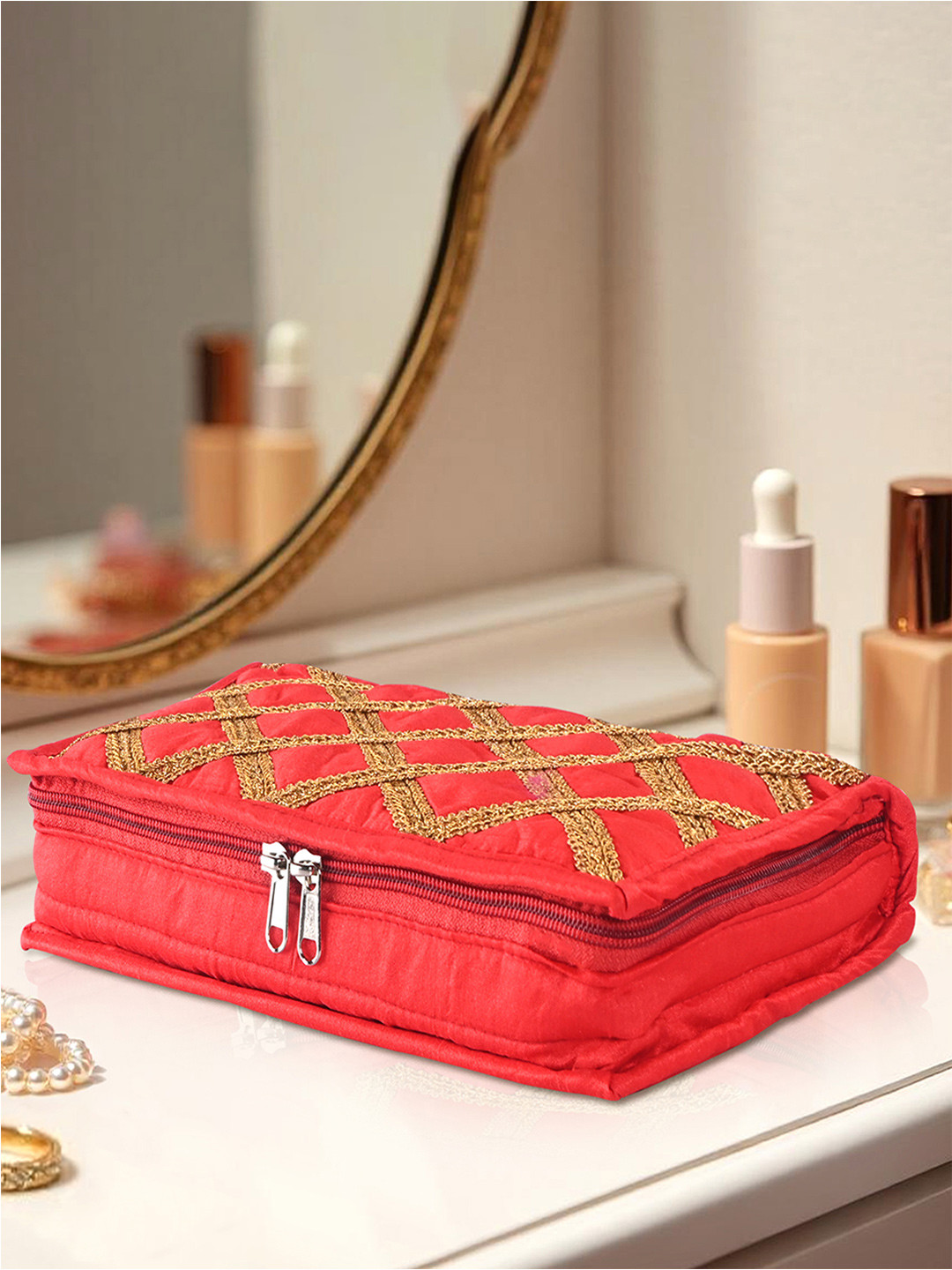 Kuber Industries Jewellery Pouches With 4 Compartments &1 Bangle Roll Check Gota Lace Red