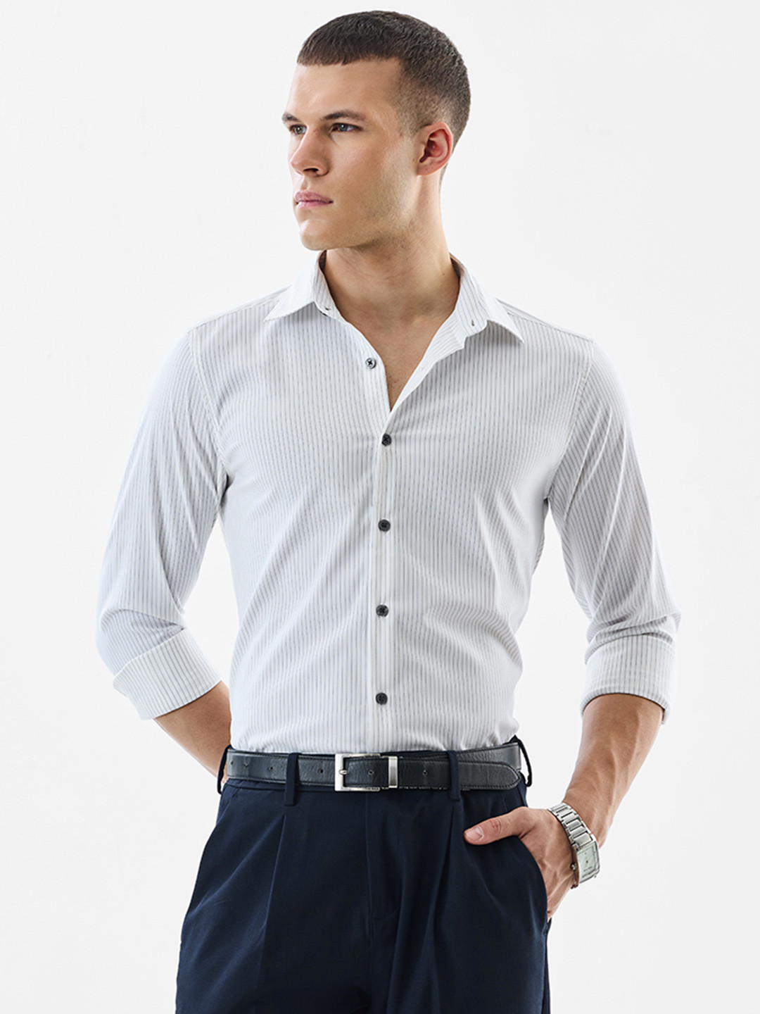 Snitch Pin Striped Spread Collar Slim Fit Formal Shirt