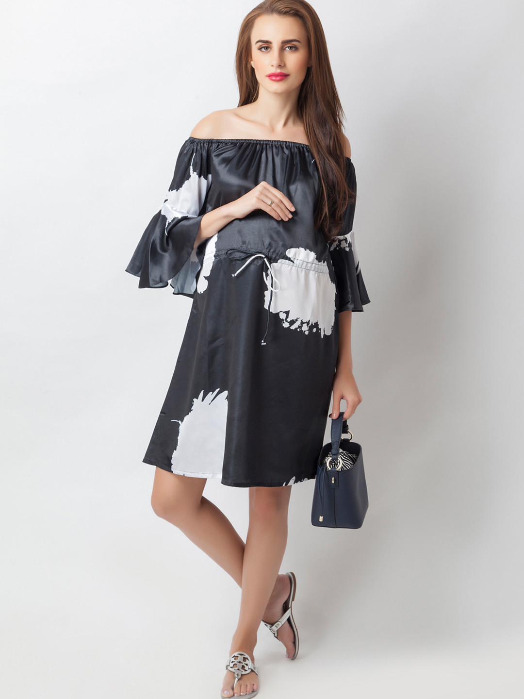 Blush 9 Maternity Printed  Off  Shoulder Bell Sleeve Satin Maternity Fit & Flare Dress