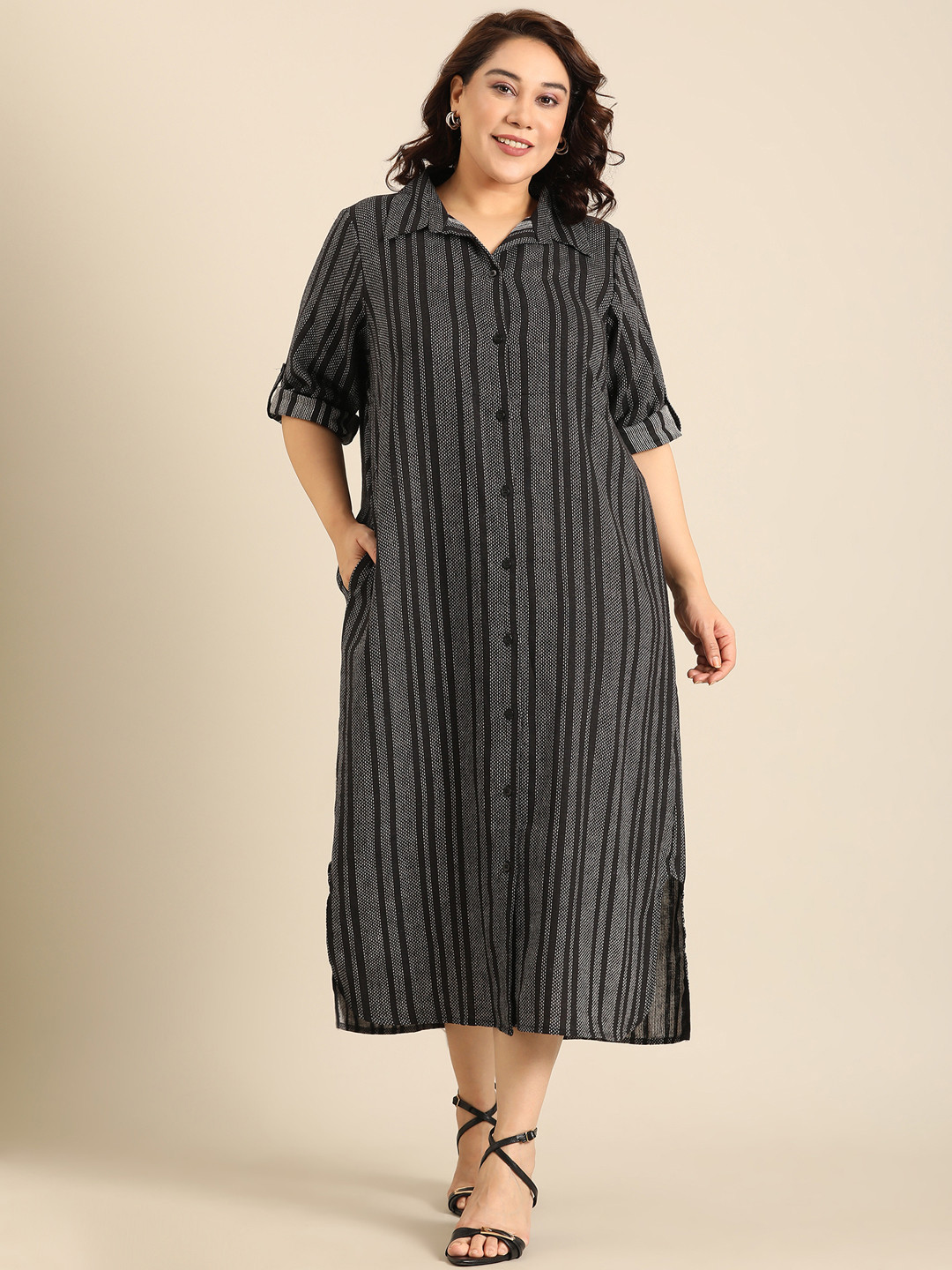 The Pink Moon Women Striped Self Design Linen Midi Shirt Dress