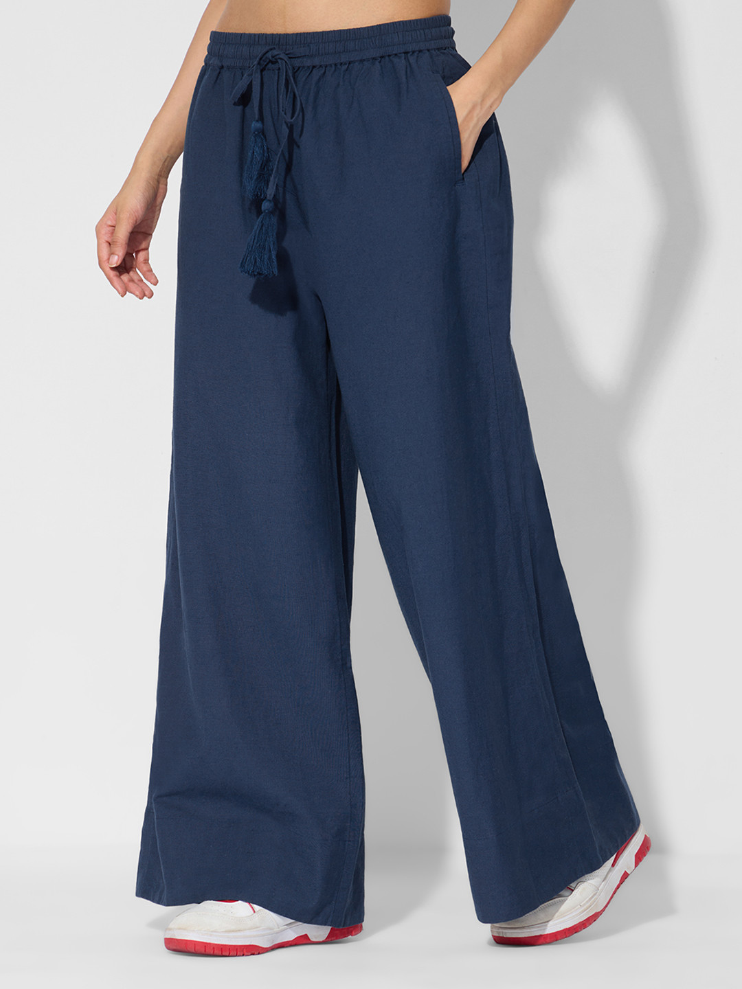 The Souled Store Women Rich Navy Cotton Linen Flared Trousers