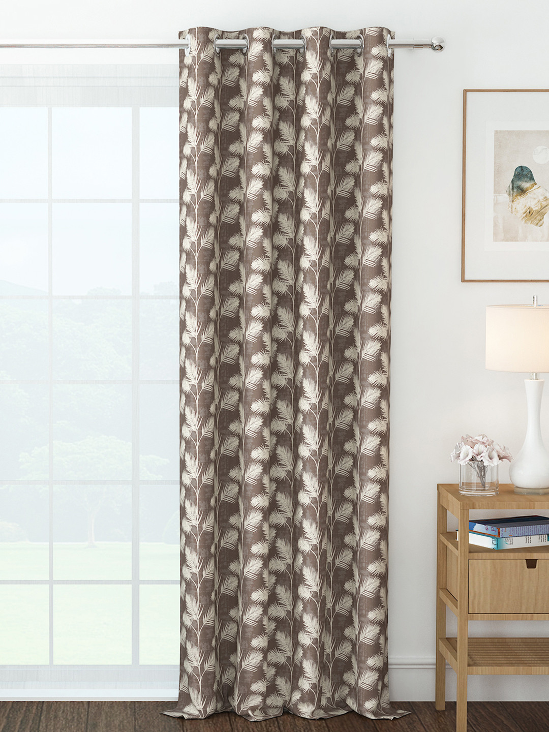Story@home Brown Floral Jacquard Semi-Long Door Curtain - 116 X 242 cm