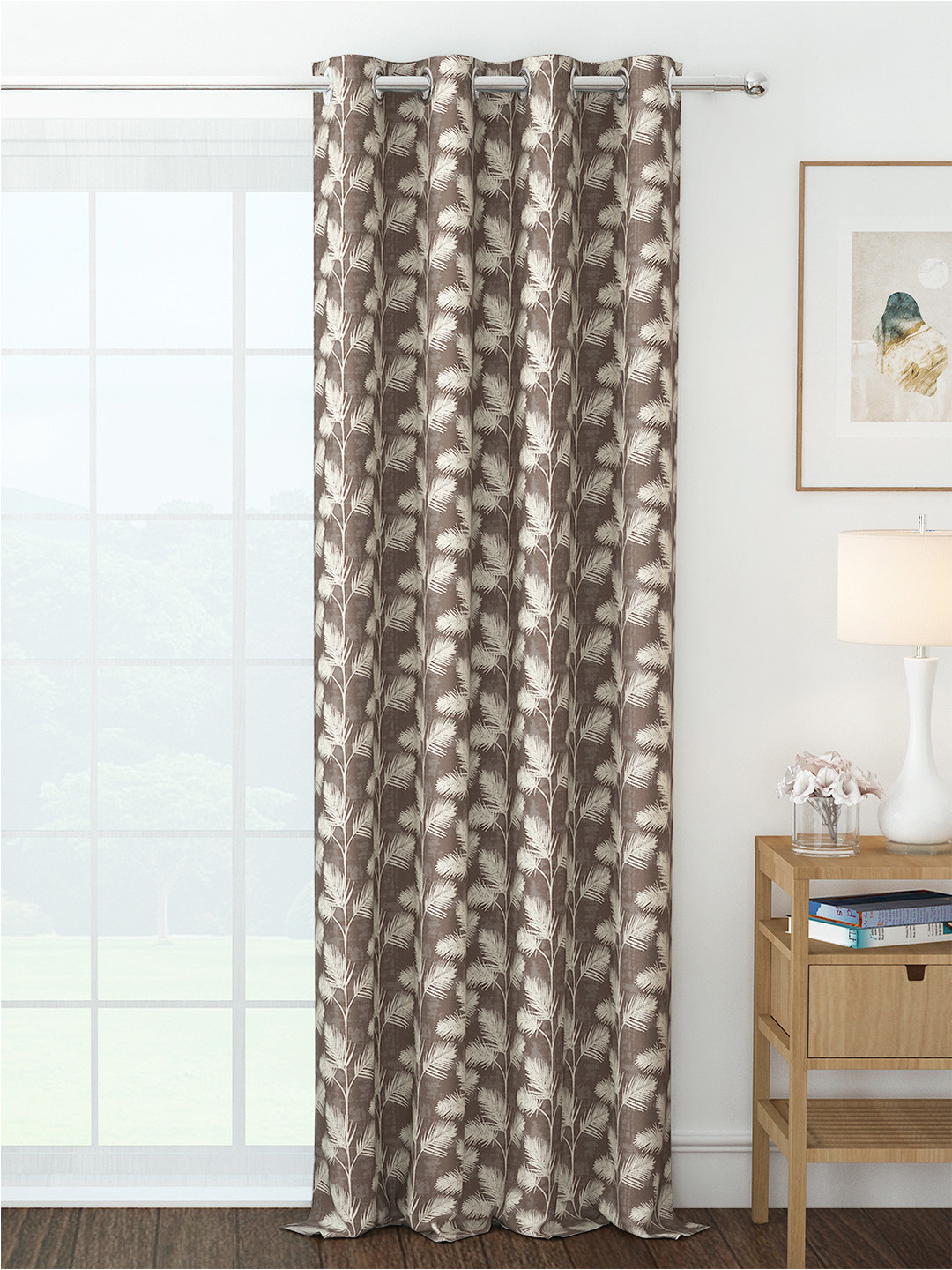 Story@home Azurio Brown & Beige Floral Room Darkening Printed Jacquard Long Door Curtain