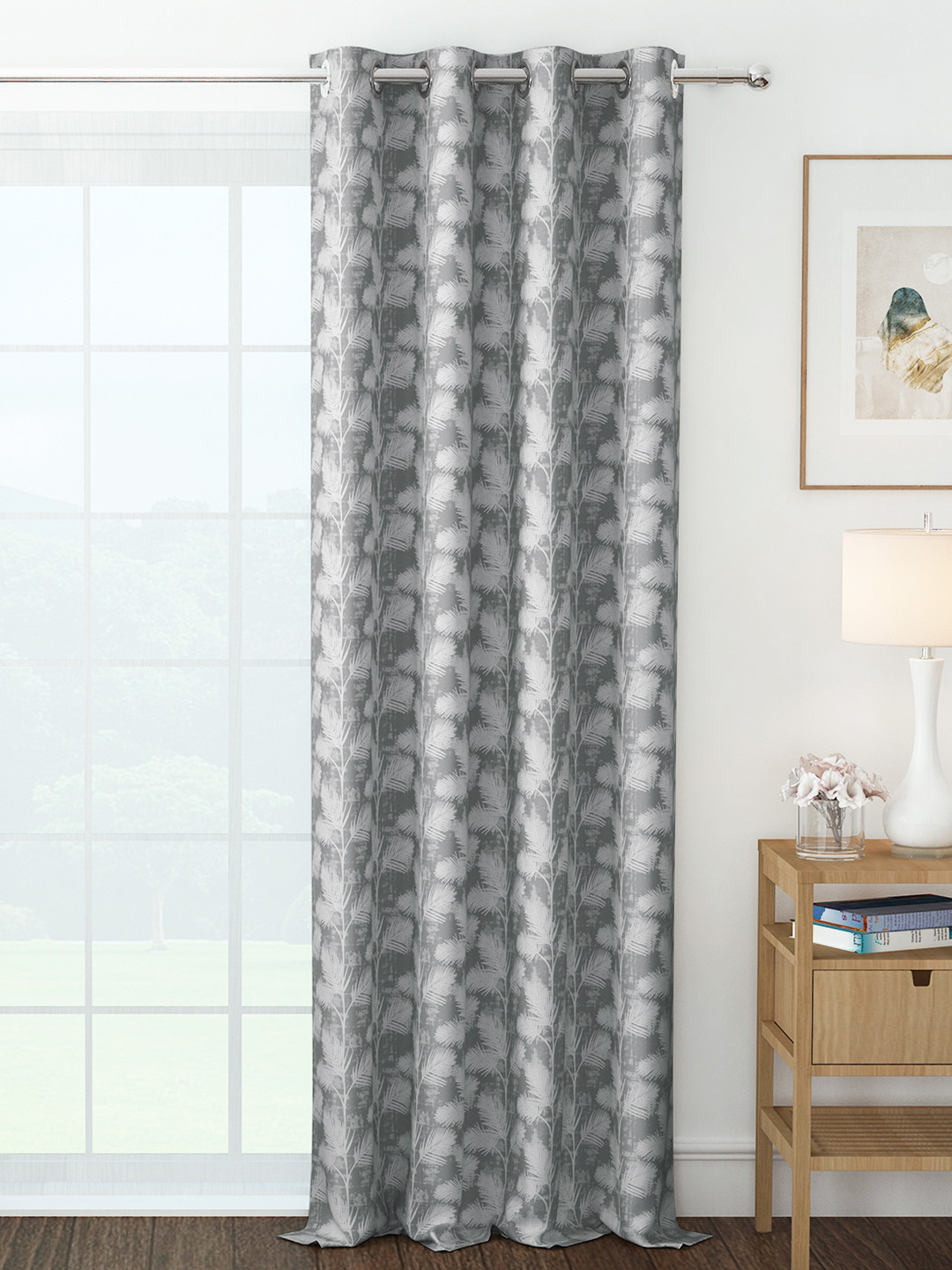 Story@home Azurio Grey & White Floral Jacquard Room Darkening Long Door Curtain