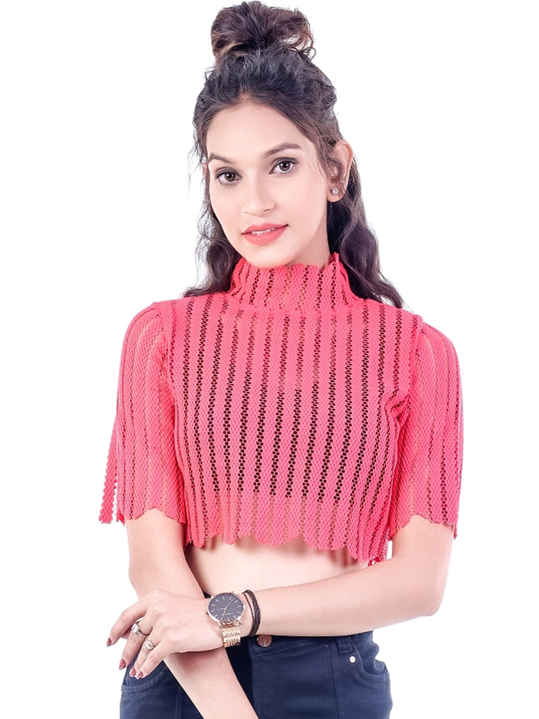 SAMM RANAISSANCE Women Striped Cotton Net Crop Top