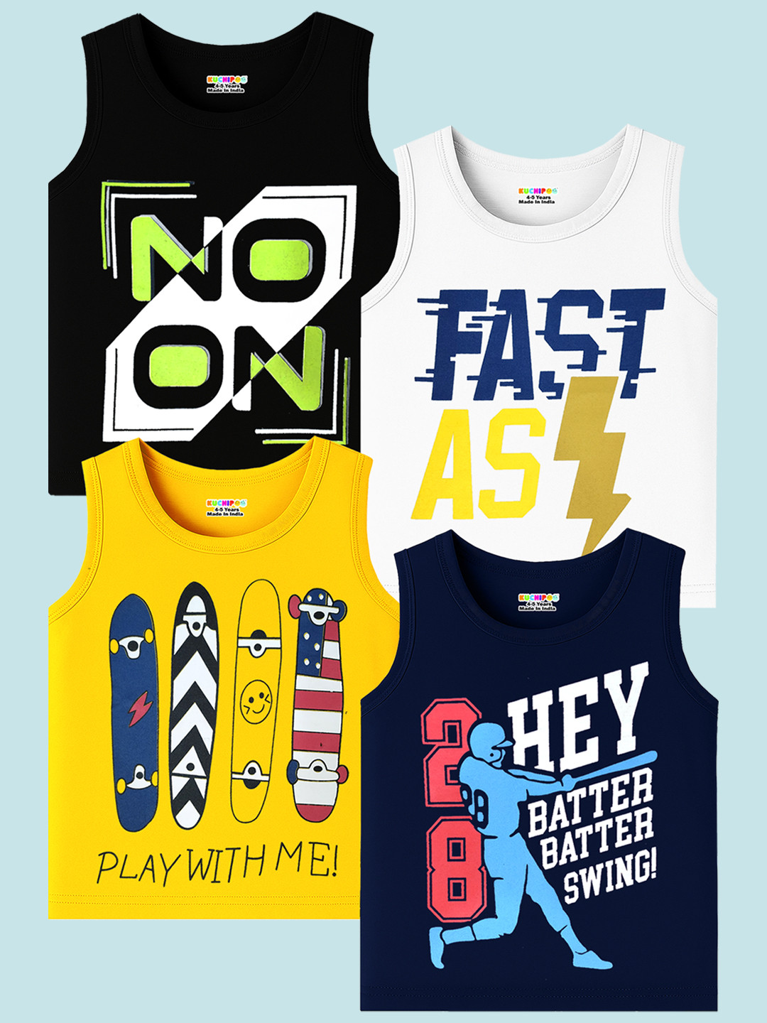 KUCHIPOO Boys Pack of 4 Graphic Printed Regular Fit T-shirt