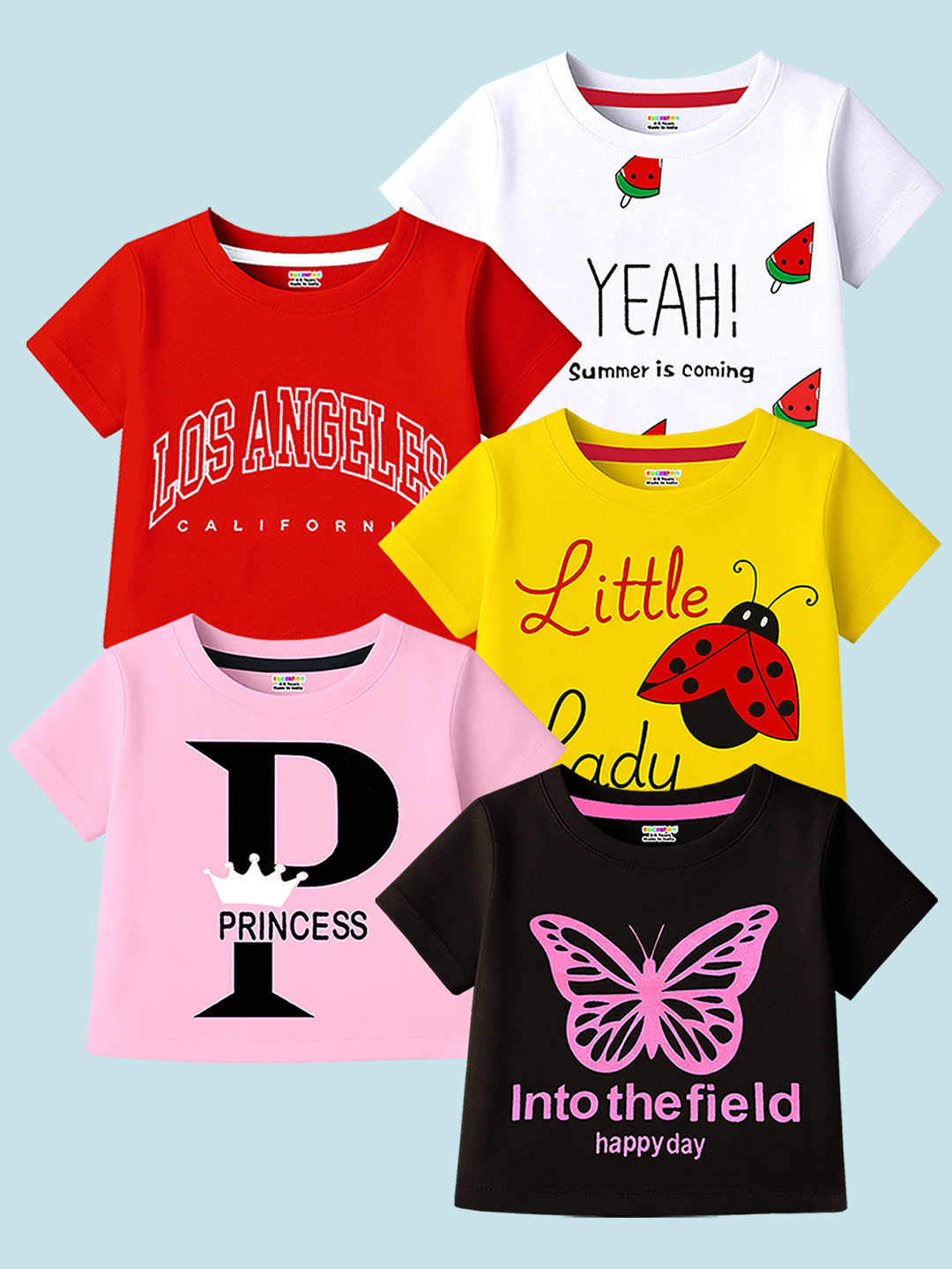 KUCHIPOO Girls Pack Of 5 Printed Crop Top T-shirts
