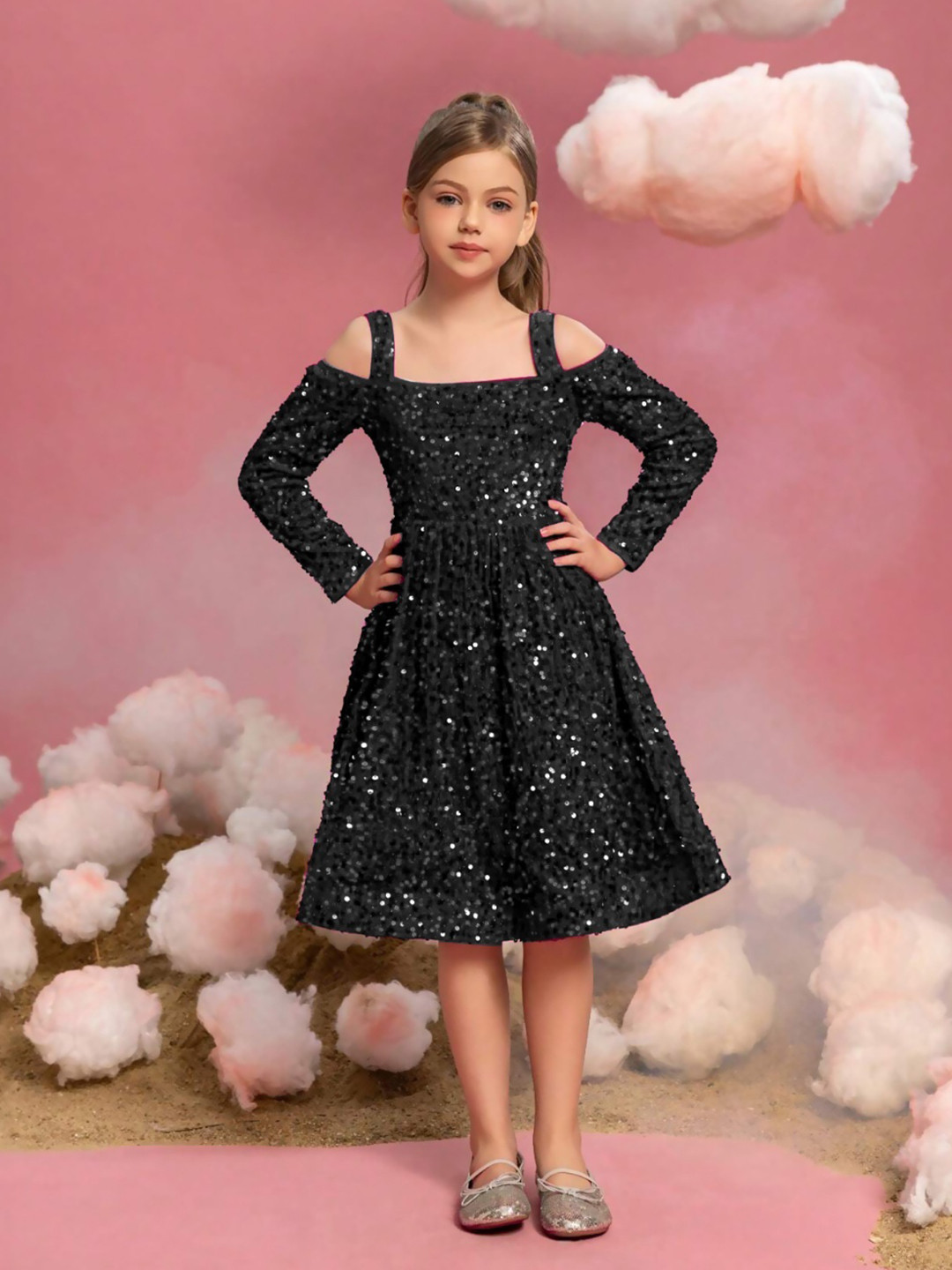 DP FABRICS Sakshi Girls Embellished Sequinned Velvet Fit & Flare Dress