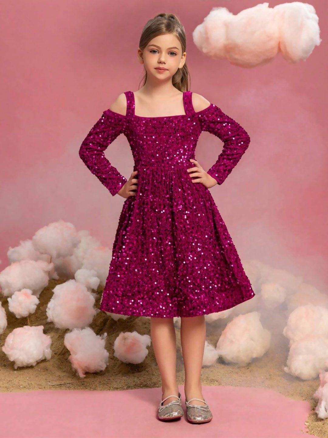 DP FABRICS Girls Embellished Sequined Cold-Shoulder Velvet Fit & Flare Midi Dress