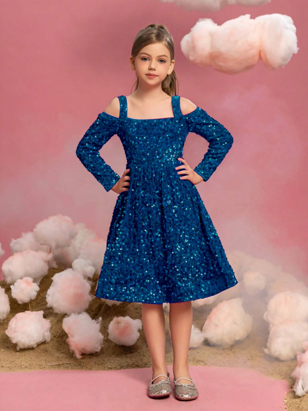 DP FABRICS Sakshi1 Girls Sequined Cold-Shoulder Fit & Flare Dress
