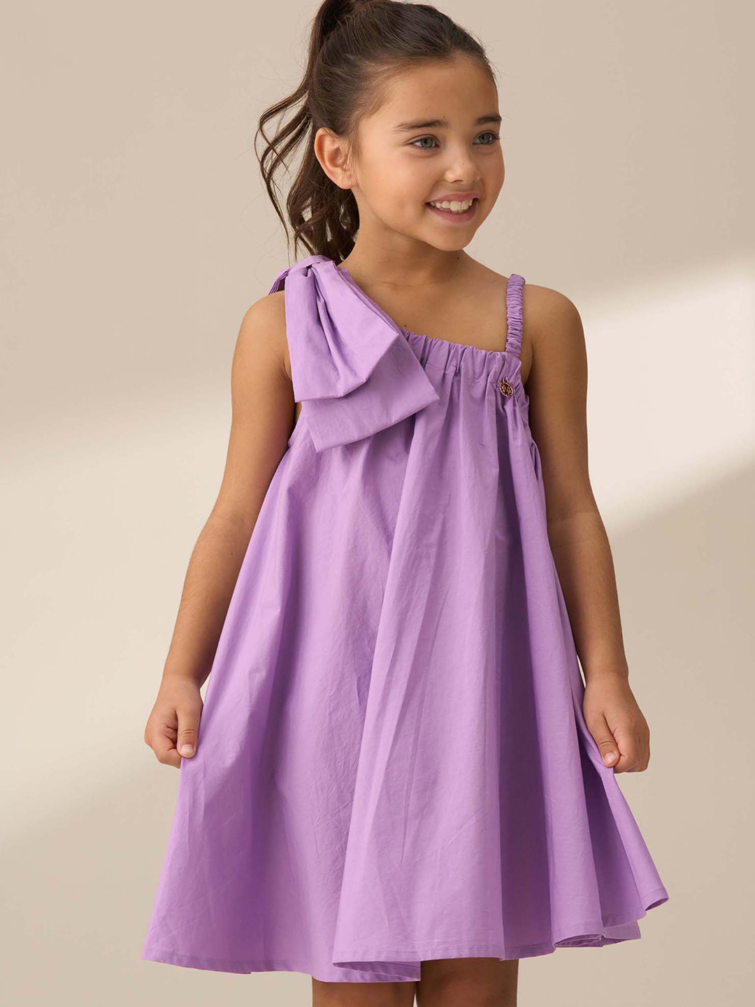 Angel & Rocket Girls Pure Cotton Asymmetric Neck Marnie Bow Shoulder Swing A-Line Dress