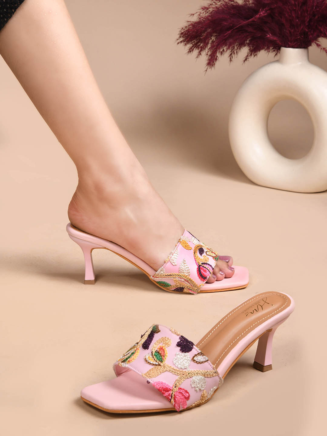 JM Looks Women Kitten Heel Sandal Embroidery Open Toe Heel