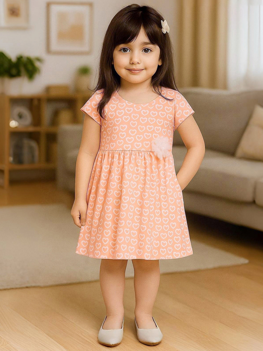 Kidbea Girls Conversational Printed Round Neck Applique Cotton Fit And Flare Dress