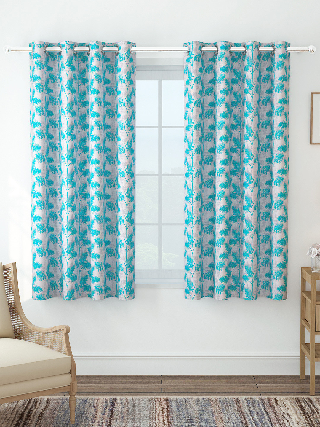 Story@home Azurio Blue 2 Pieces Floral Jacquard Room Darkening Window Curtains