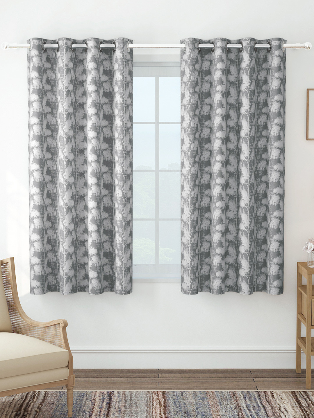 Story@home Azurio Grey & White 2 Pieces Printed Jacquard Room Darkening Window Curtains