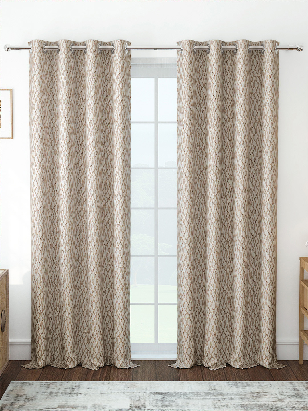 Story@home Azurio Beige 2 Pieces Abstract Jacquard Room Darkening Long Door Curtains