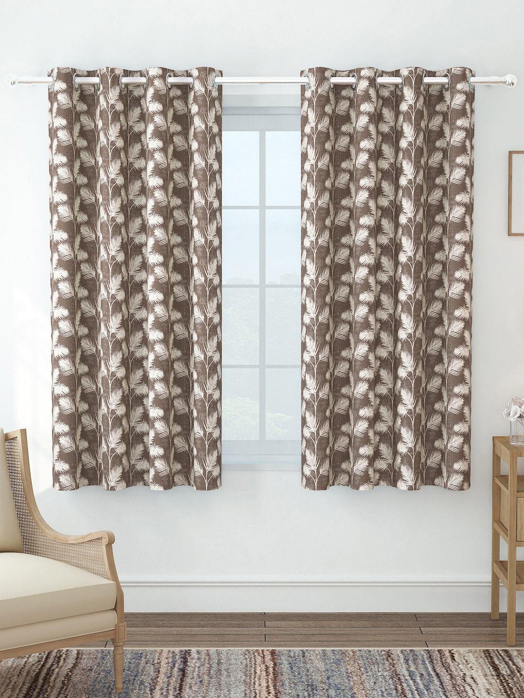 Story@home Azurio Brown & White 2 Pieces Floral Jacquard Room Darkening Window Curtains