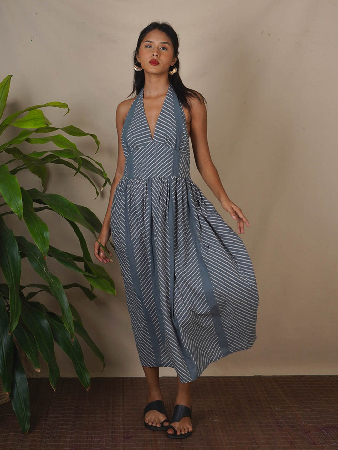 Chidiyaa Lunar Hush Women Striped Halter Neck  Block Printed Fit And Flare Dress