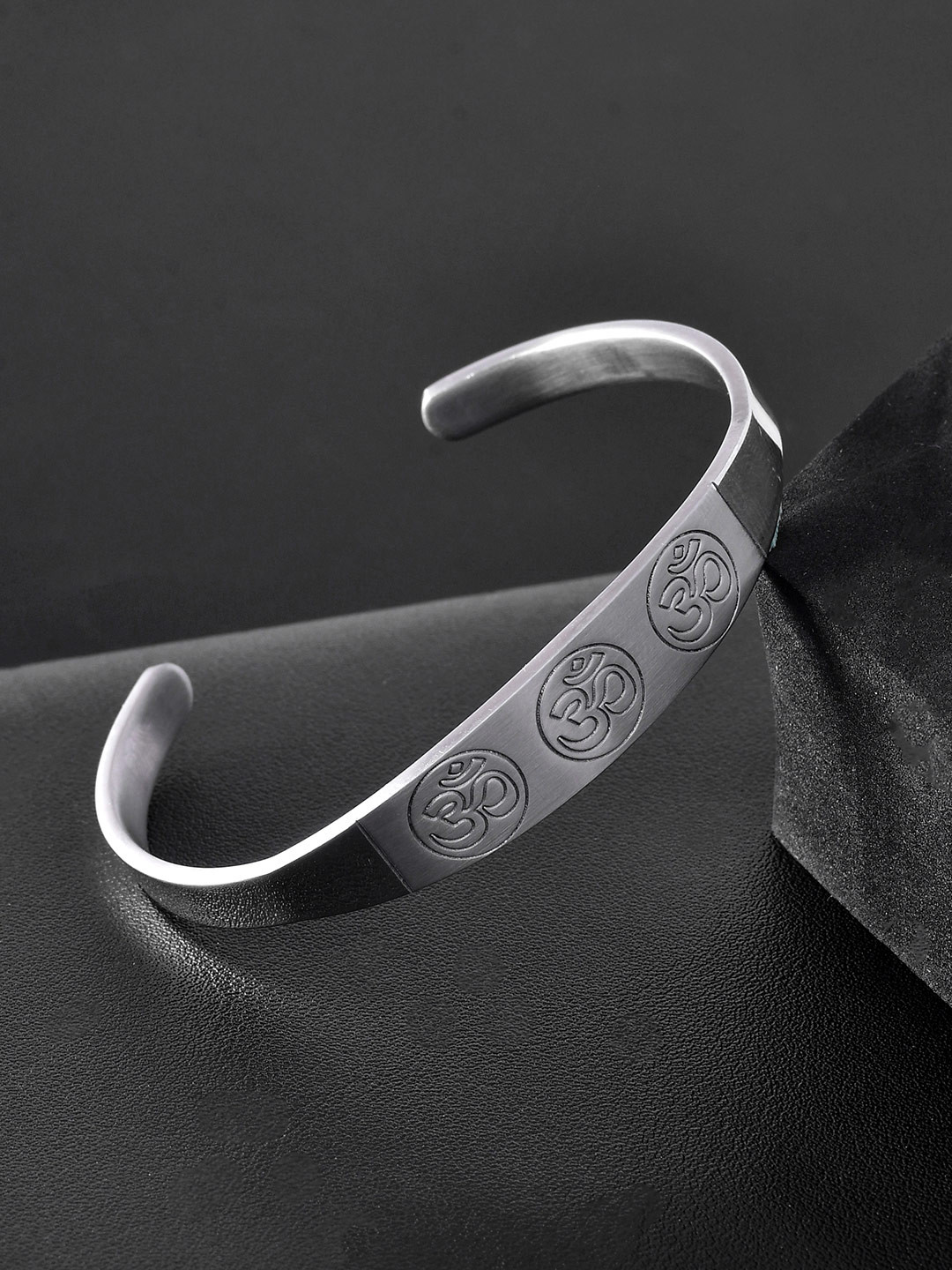 Voylla Men Signature Trinity Om Mantra Silver-Plated Oxidised Cuff Bracelet