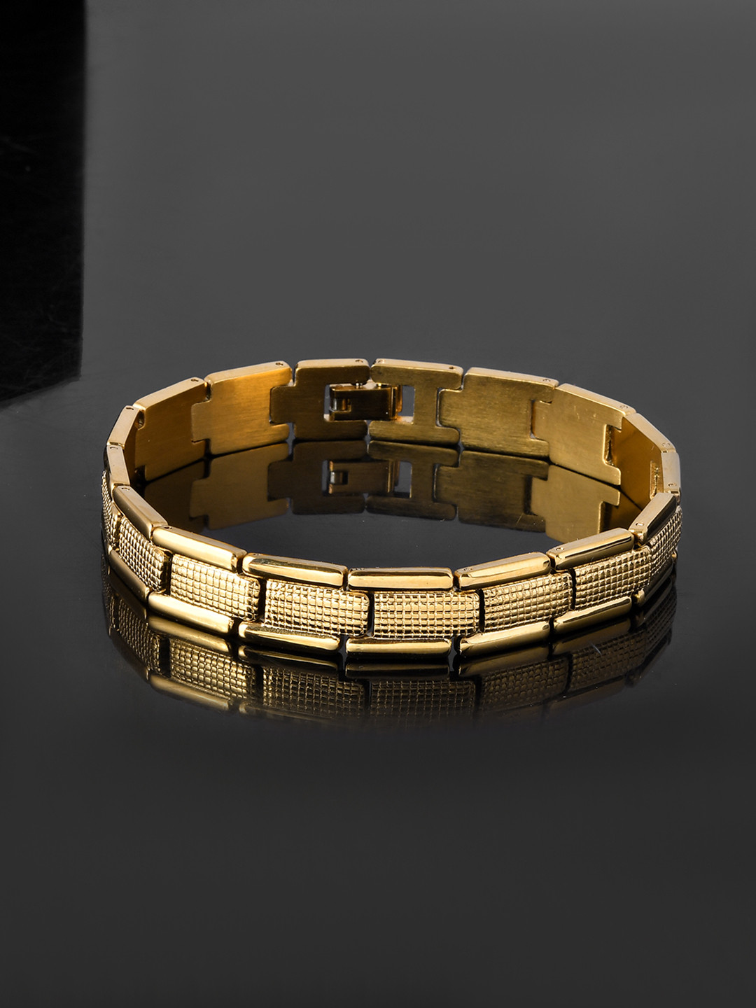 Voylla Men Brass Oxidised Gold-Plated Crownline Link Bracelet