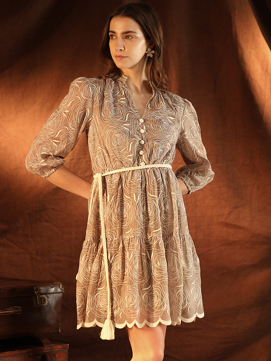 Kazo Gwyneth Women Self Design Embroidered Belted Fit & Flare Dress