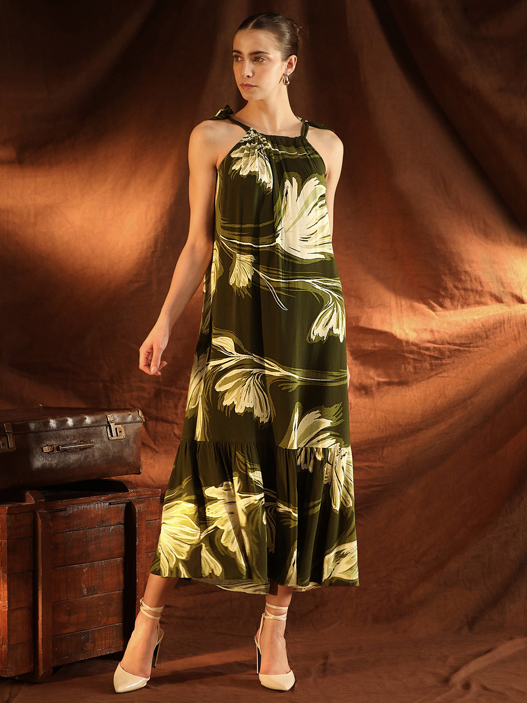 Kazo Women Tropical Printed Halter Neck A-Line Felicia Midi Dress