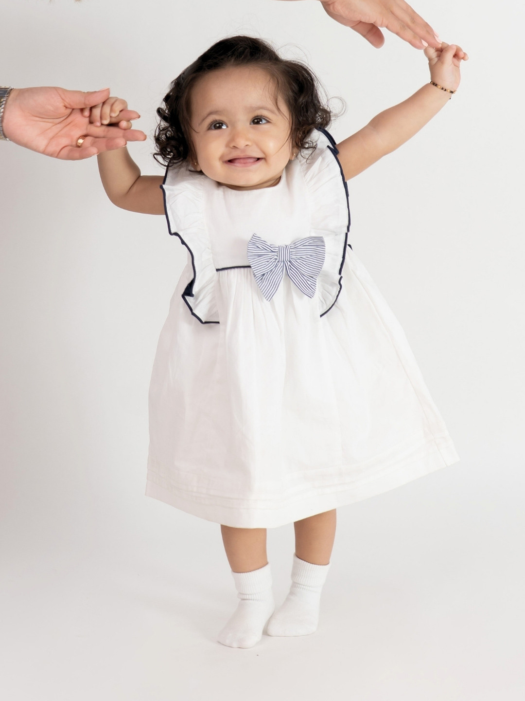 haus & kinder Girl Fit & Flare Dress 100% Cotton Bow Frock with Blommer- White, 6-9 Months
