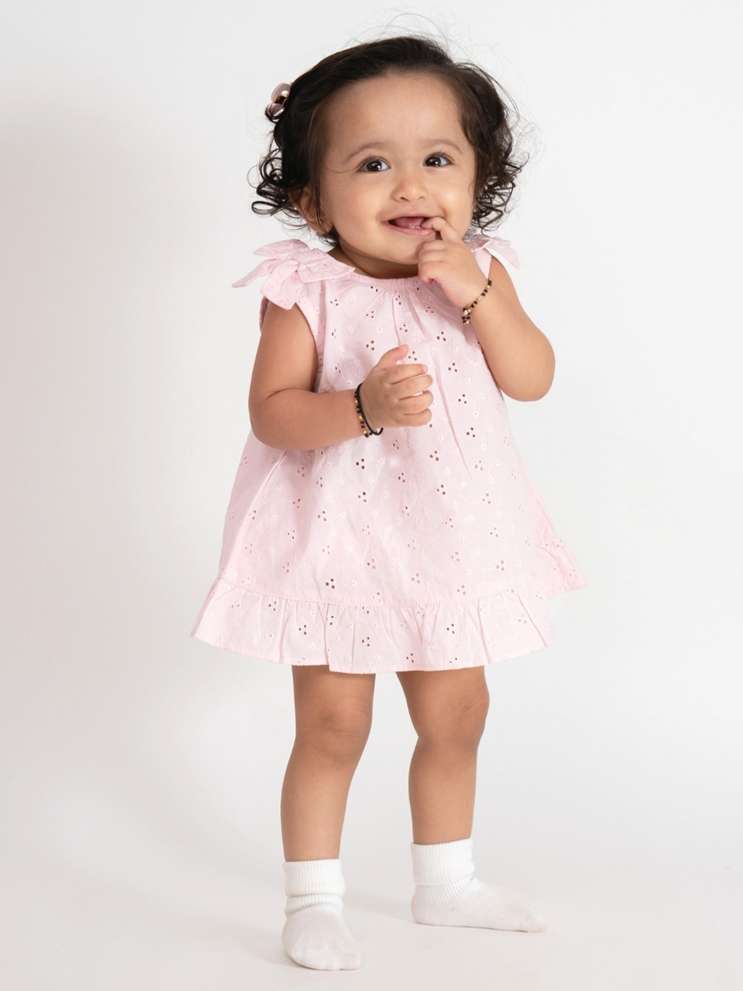haus & kinder Girls Pink Cotton Chifly Frock with Blommer