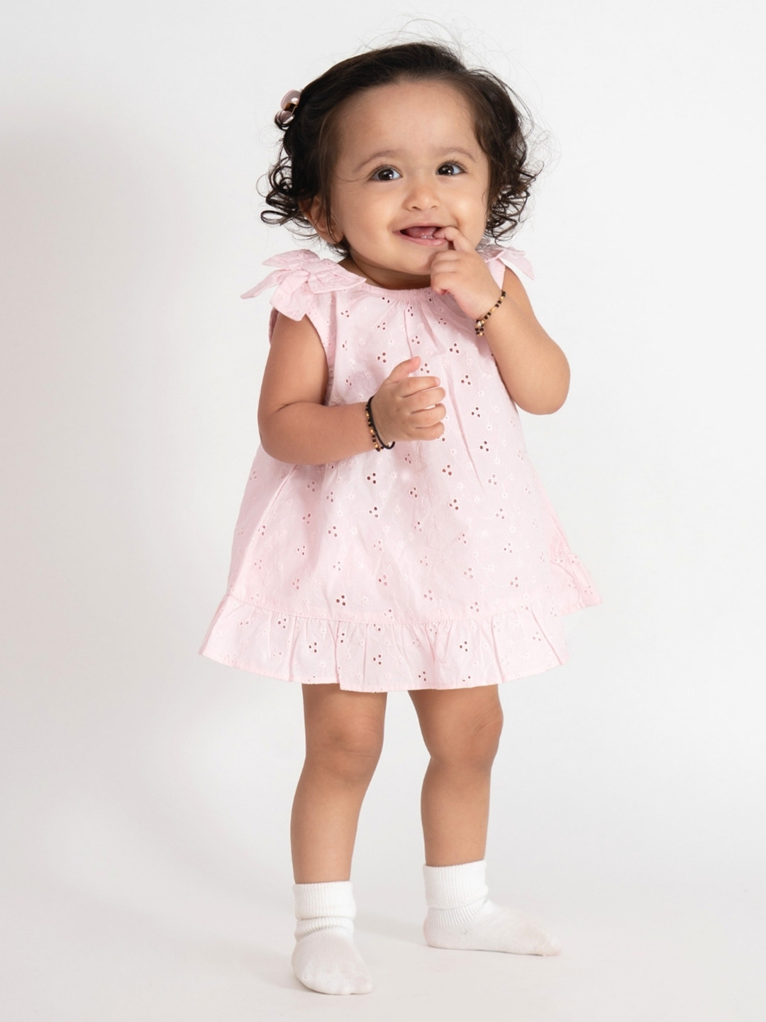 haus & kinder Girls Self Design Embroidered Schifli Cotton A-Line Dress With Blommer