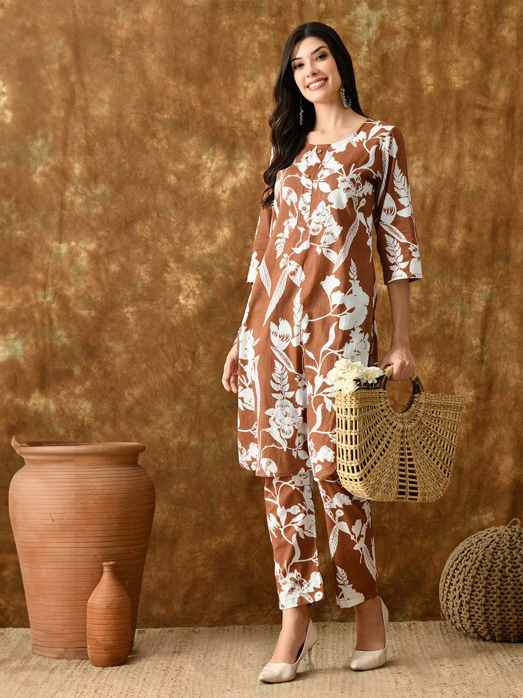 VCJ Floral Printed Cotton  Top With Trousers Co-Ords