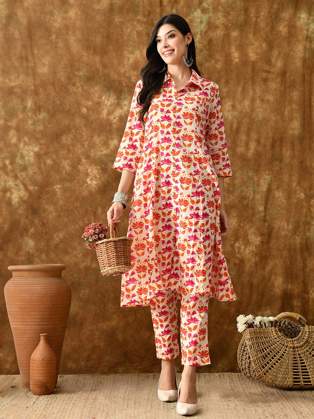 VCJ Floral Printed Cotton  Shirt Collar Neck Top With Trousers Co-Ords