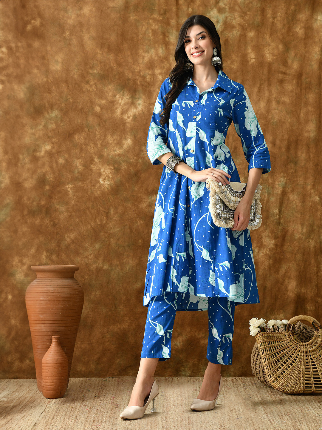 VCJ Printed Pure Cotton Shirt Collar Neck Tunic With Trousers Co-Ords