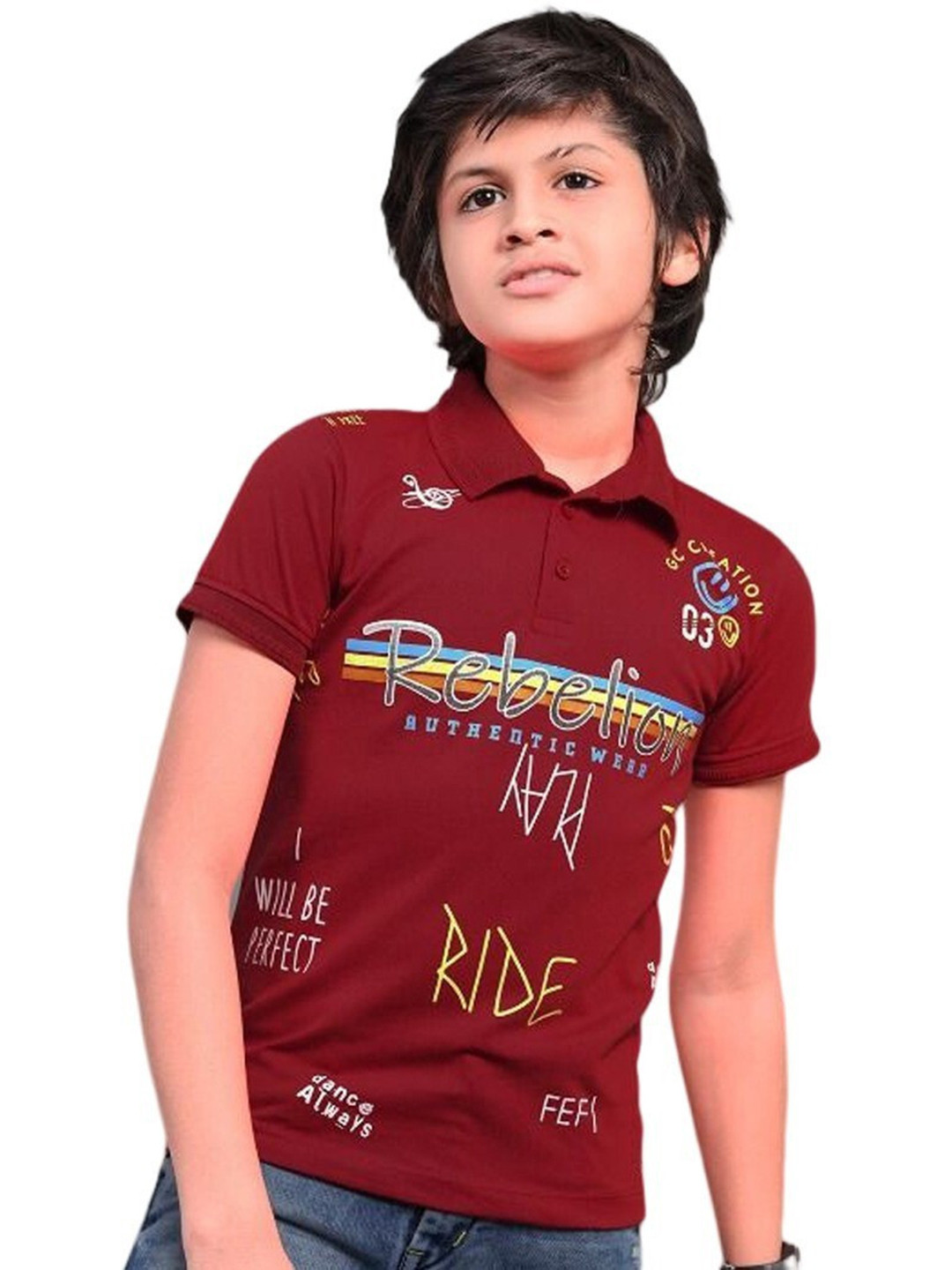 Little funky Red Boys Printed Polo Collar T-shirt