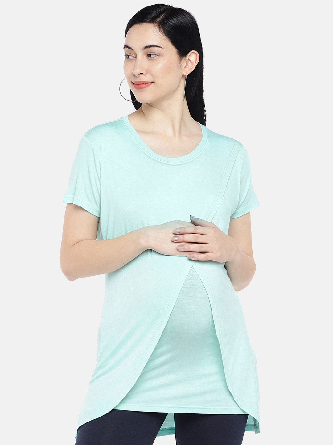 Blush 9 Maternity Women Printed Cold-Shoulder Longline Maternity Top with Wrap Overlay