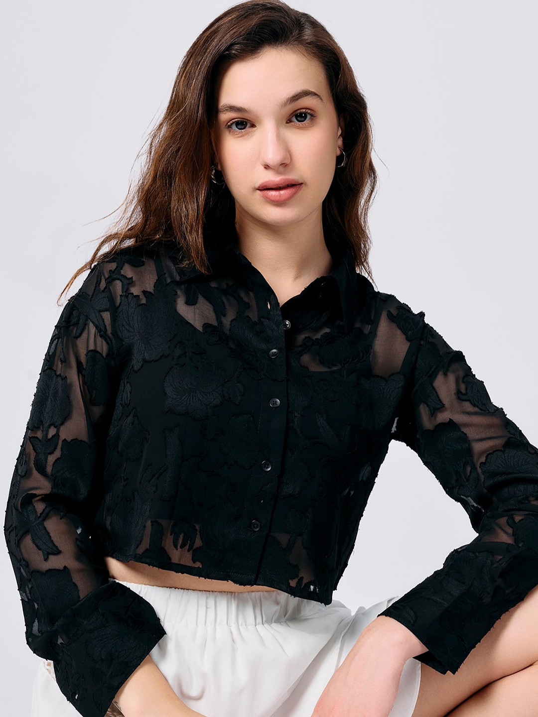 Outzidr Boxy Mirco Sheer Jacquard Crop Shirt