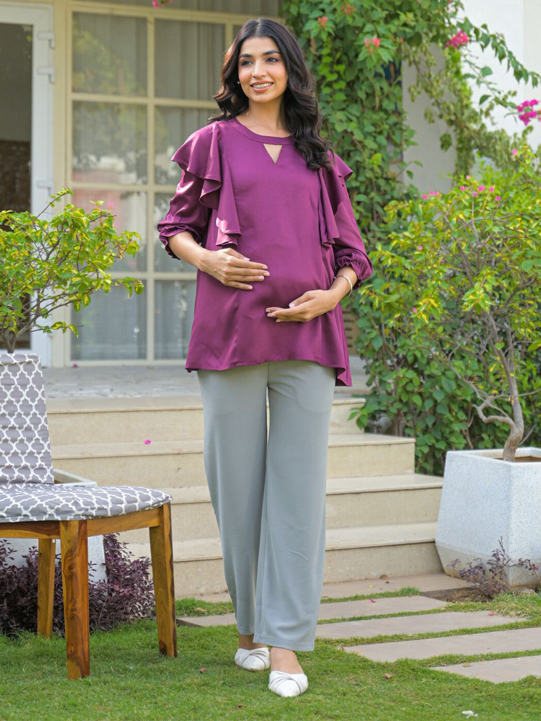 Aujjessa Women Jewell Neck Ruffled Maternity Feeding Top