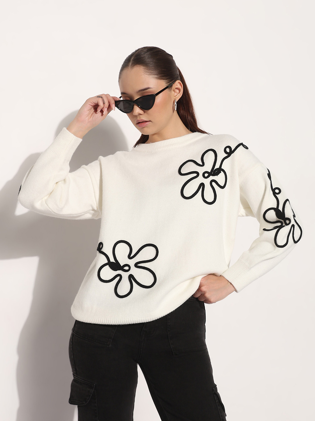 SHOWOFF Women Floral Print Ribbed Round Neck Long Sleeves  Top