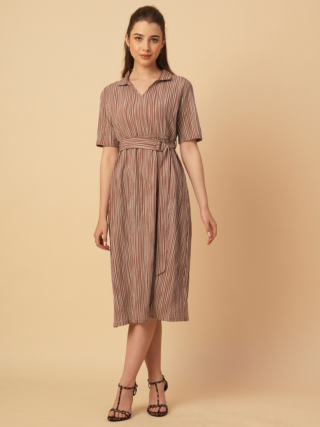 Chemistry Women Striped Belted A-Line Midi Dress