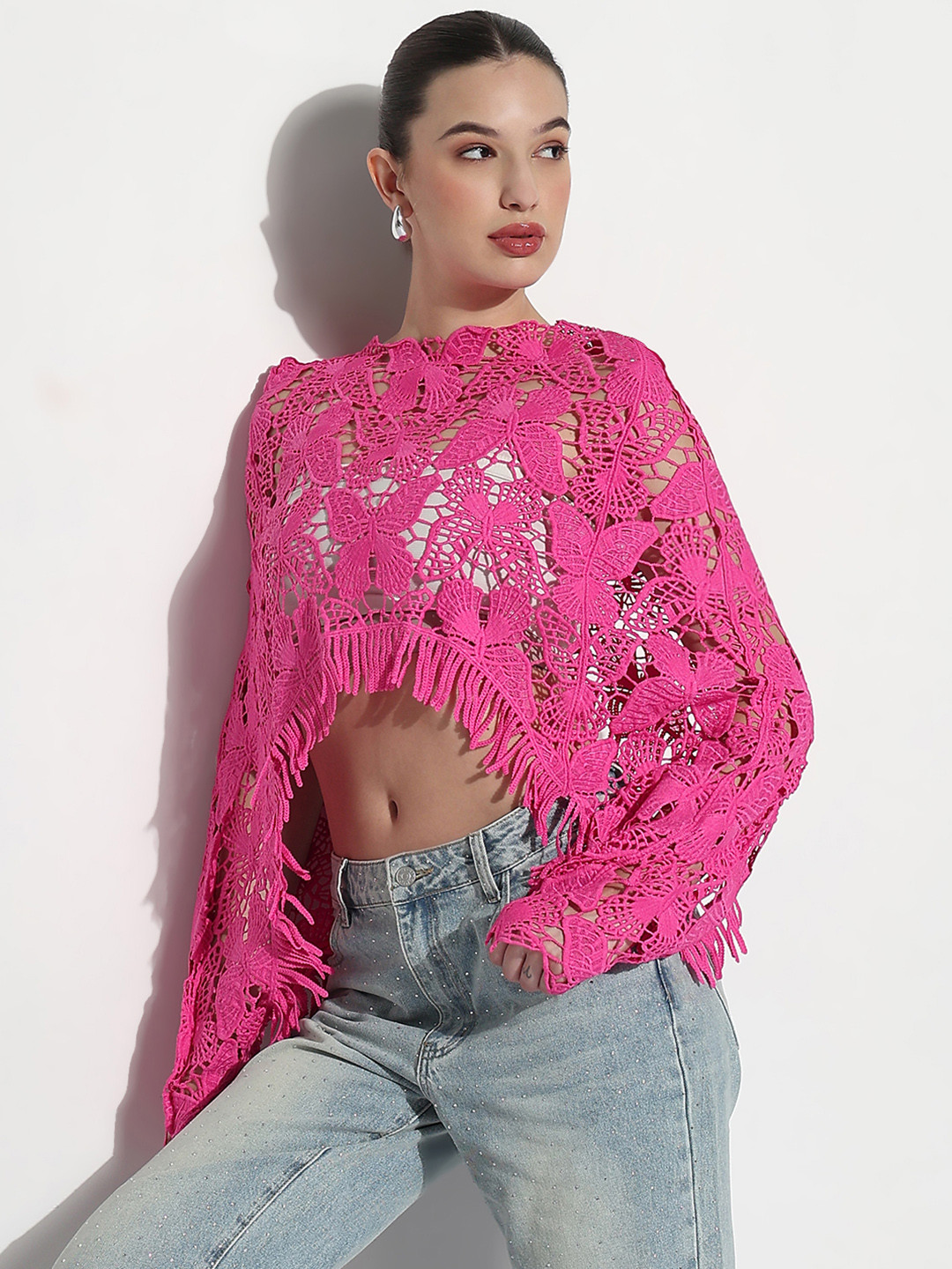 SHOWOFF Women Crochet Cotton Crop Top with Fringe Hem