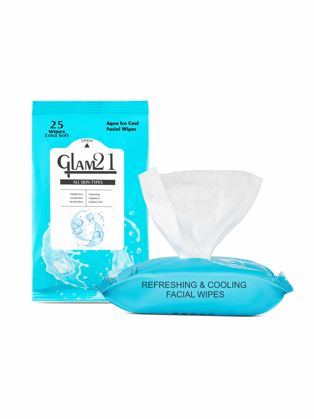 GLAM21 Set Of 2 Aqua Ice Cool Facial Wipes - 25 Pieces Each
