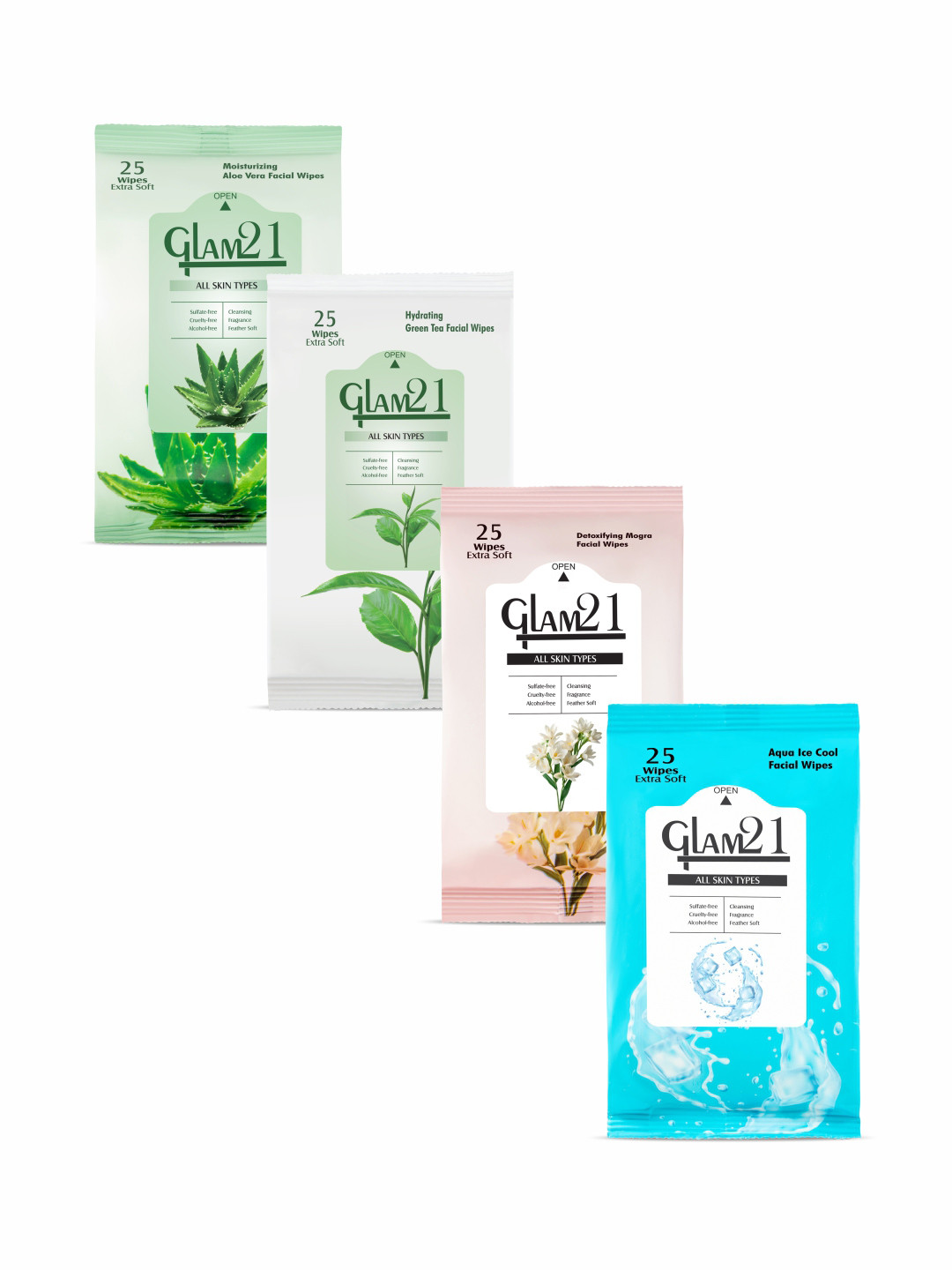 GLAM21 Set of 4 Facial Wipes 25 Pcs Each - Green Tea + Aloe Vera + Mogra + Aqua Ice Cool