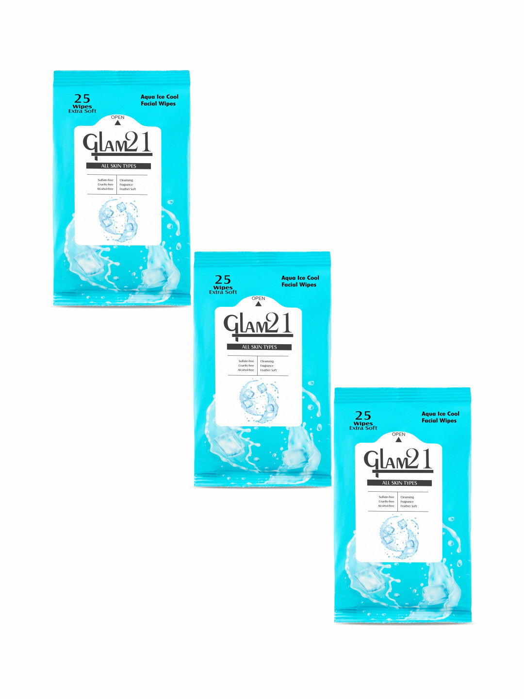 GLAM21 Set Of 3 Aqua Ice Cool Facial Wipes - 25 Pieces Each