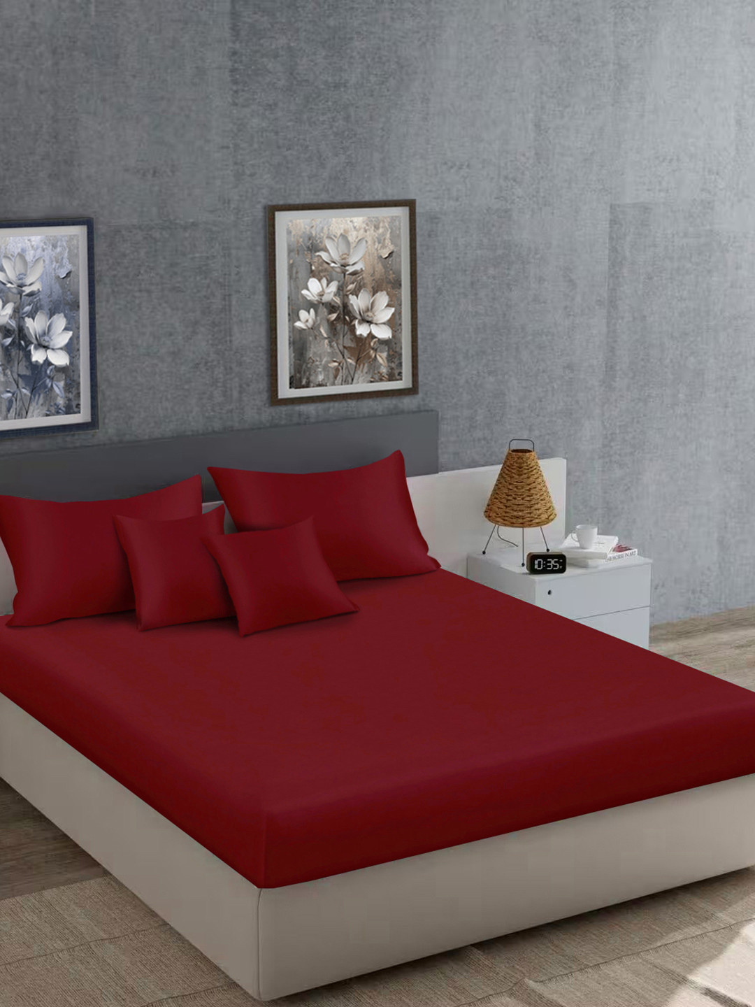 KLOTTHE Maroon Solid Flat 400 TC Satin King Bedsheet 2 Pillow Covers & 2 Cushion Covers
