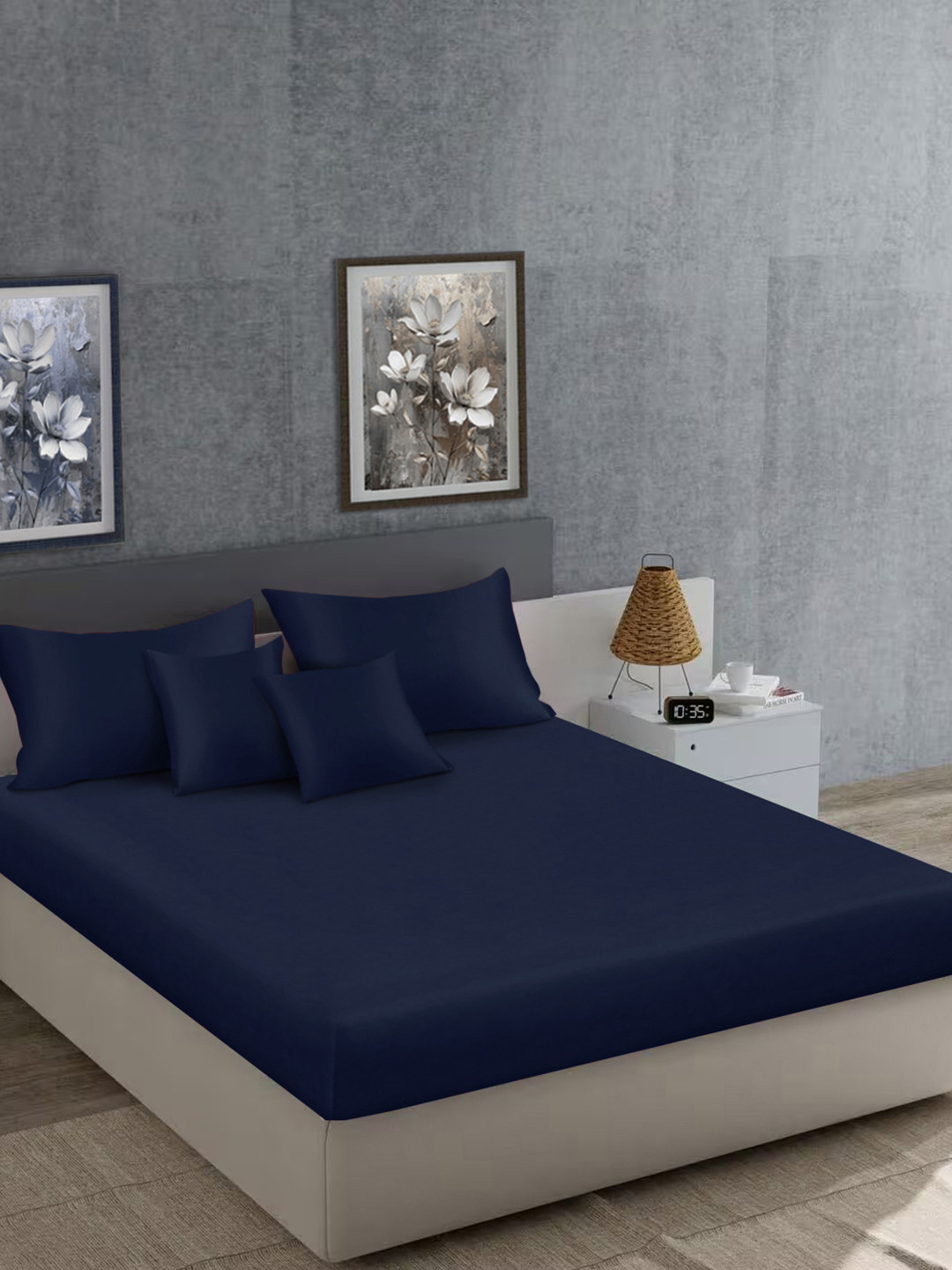 KLOTTHE Blue Solid Flat 400 TC Satin King Bedsheet With 2 Pillow Covers & 2 Cushion Covers