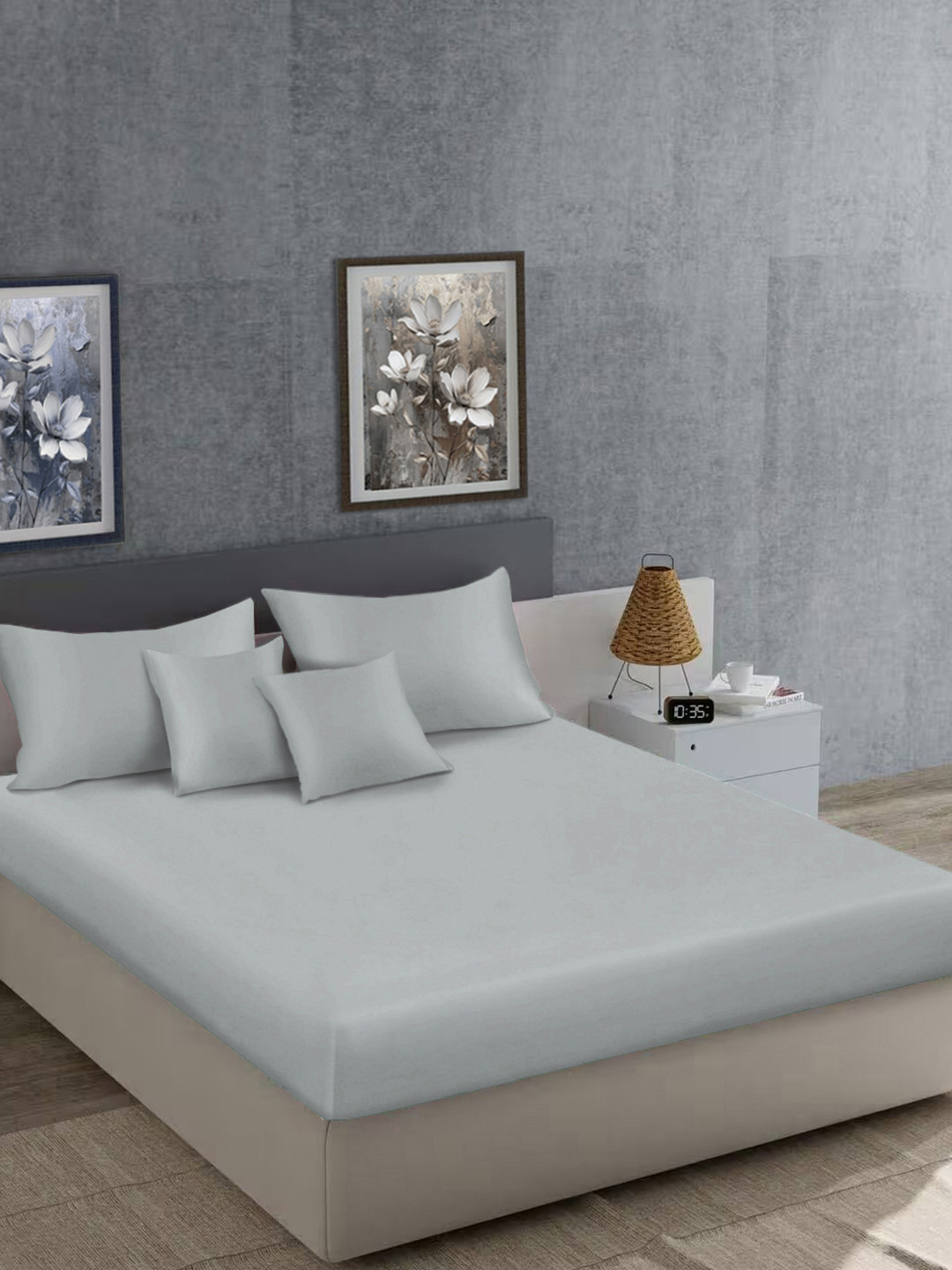 KLOTTHE Grey Solid Flat 400TC Satin King Bedsheet With 2 Pillow Covers & 2 Cushion Covers
