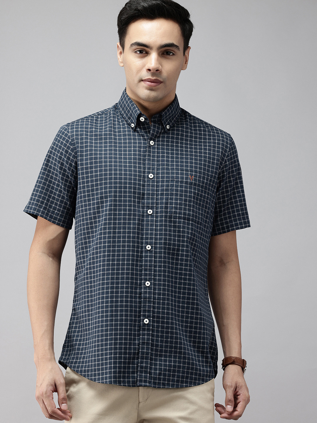 Van Heusen Pure Cotton Slim Fit Button-Down Collar Checked Casual Shirt