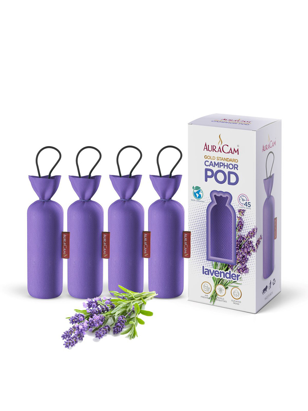AuraCam Set of 4 Gold Standard Camphor Pod Air freshener For Room - Lavender
