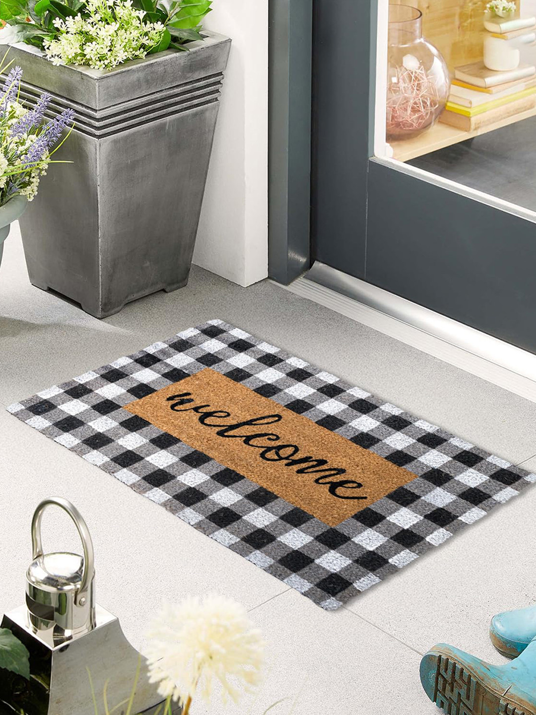 prettykrafts Black & White Coir Anti-Skid Welcome Floormat