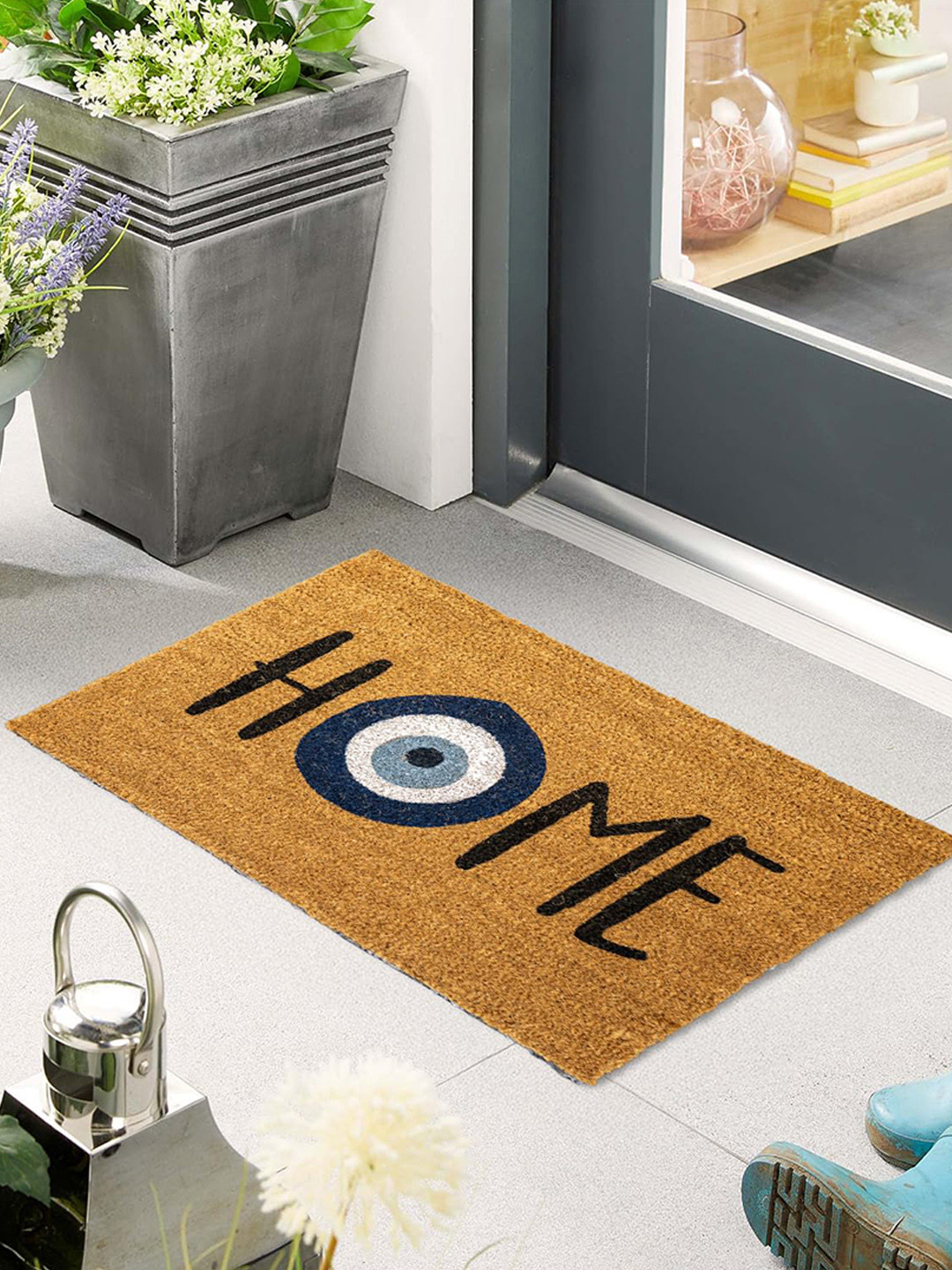 prettykrafts Black & Brown Coir Anti-Skid Evil Eye Floormat